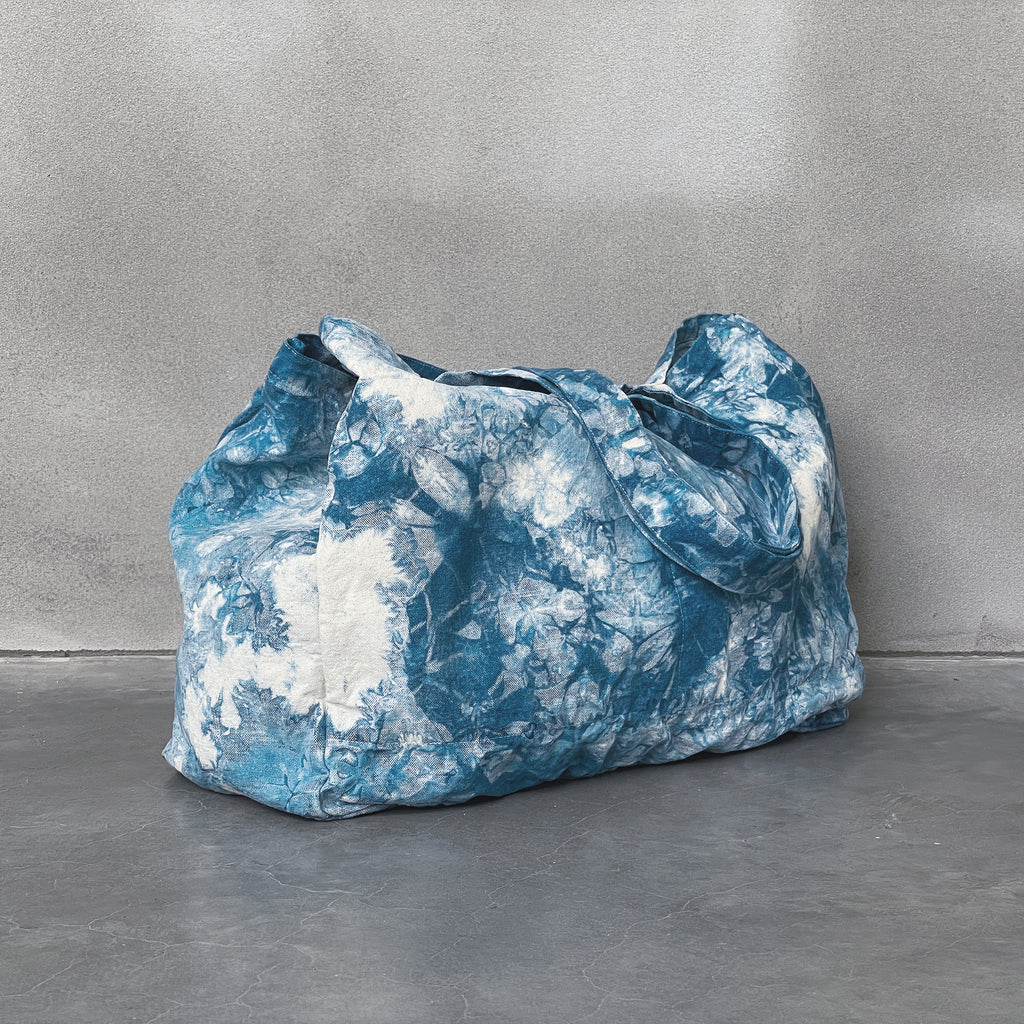 Heavy duty carryall bag in Shibori dyed natural indigo